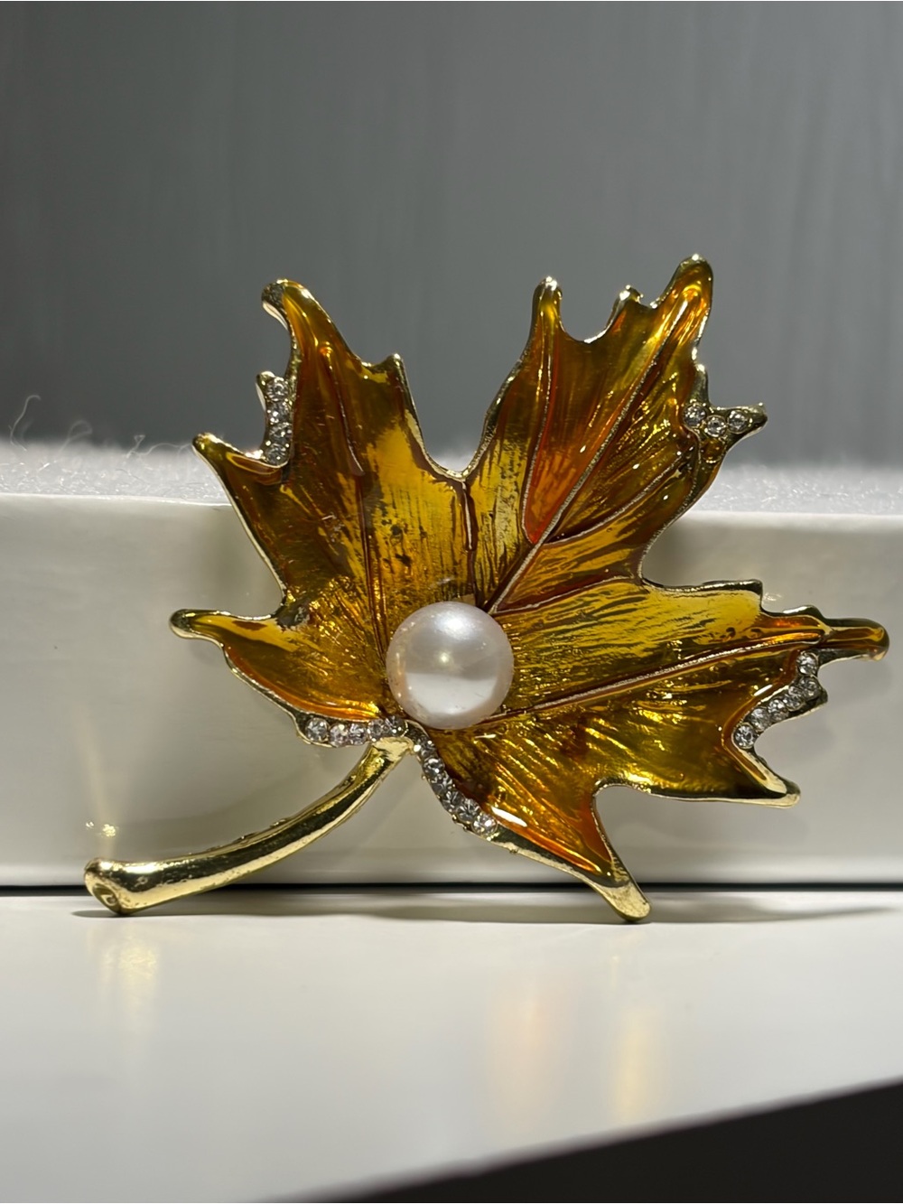 Golden Maple Leaf Brooch with Pearl Accent - Picture 2 of 6
